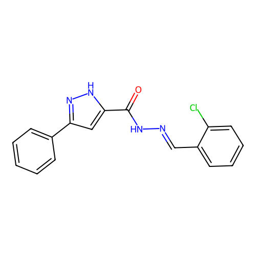 (E)-N'-(2-chlorobenzylidene)-3-phenyl-1H-pyrazole-5-carbohydrazide structure