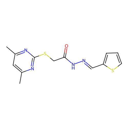 (E)-2-((4,6-dimethylpyrimidin-2-yl)thio)-N'-(thiophen-2-ylmethylene)acetohydrazide structure