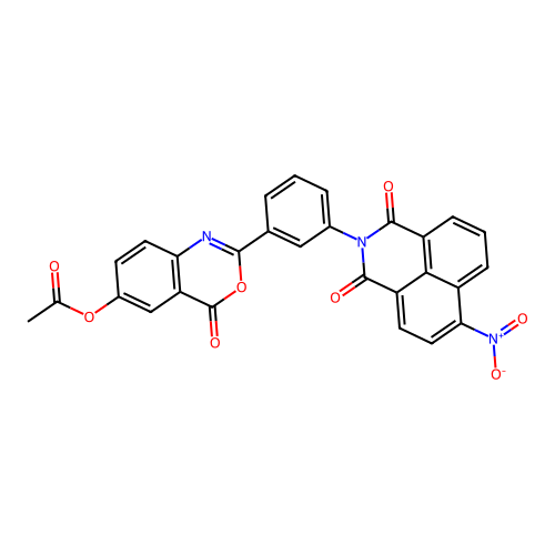 2-(3-(6-nitro-1,3-dioxo-1H-benzo[de]isoquinolin-2(3H)-yl)phenyl)-4-oxo-4H-benzo[d][1,3]oxazin-6-yl acetate structure