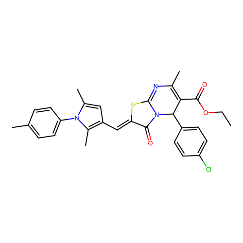 (Z)-ethyl 5-(4-chlorophenyl)-2-((2,5-dimethyl-1-(p-tolyl)-1H-pyrrol-3-yl)methylene)-7-methyl-3-oxo-3,5-dihydro-2H-thiazolo[3,2-a]pyrimidine-6-carboxylate structure