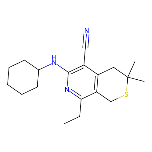 6-(cyclohexylamino)-8-ethyl-3,3-dimethyl-3,4-dihydro-1H-thiopyrano[3,4-c]pyridine-5-carbonitrile structure