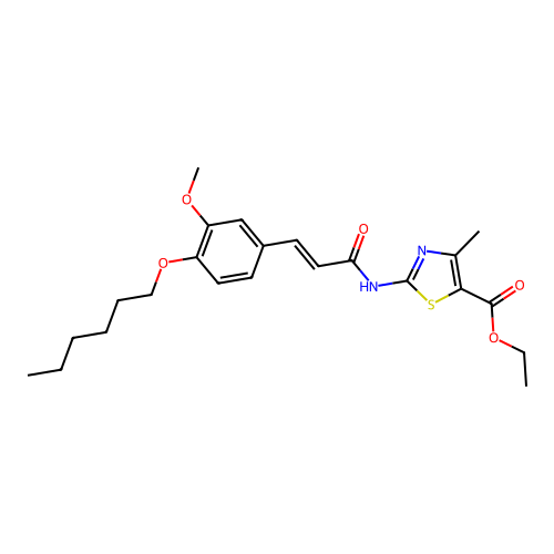 (E)-ethyl 2-(3-(4-(hexyloxy)-3-methoxyphenyl)acrylamido)-4-methylthiazole-5-carboxylate structure