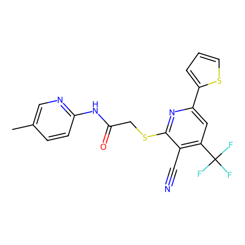 2-((3-cyano-6-(thiophen-2-yl)-4-(trifluoromethyl)pyridin-2-yl)thio)-N-(5-methylpyridin-2-yl)acetamide structure