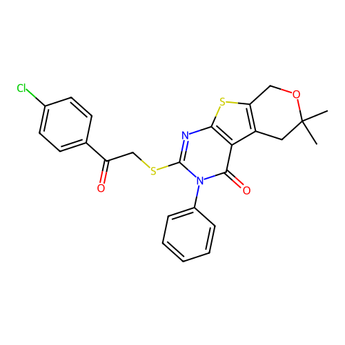 2-((2-(4-chlorophenyl)-2-oxoethyl)thio)-6,6-dimethyl-3-phenyl-5,6-dihydro-3H-pyrano[4',3':4,5]thieno[2,3-d]pyrimidin-4(8H)-one structure