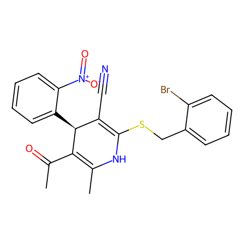 (4R)-5-acetyl-2-[(2-bromobenzyl)sulfanyl]-6-methyl-4-(2-nitrophenyl)-1,4-dihydropyridine-3-carbonitrile structure