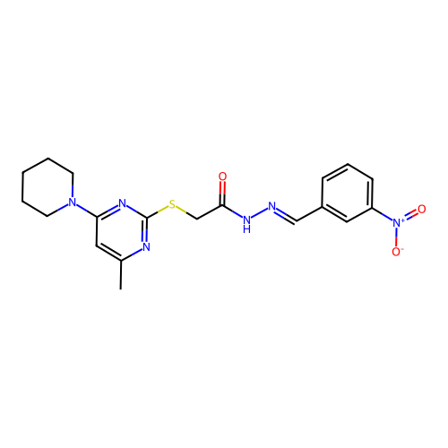(E)-2-((4-methyl-6-(piperidin-1-yl)pyrimidin-2-yl)thio)-N'-(3-nitrobenzylidene)acetohydrazide structure
