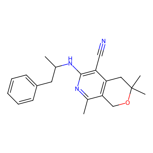 3,3,8-trimethyl-6-((1-phenylpropan-2-yl)amino)-3,4-dihydro-1H-pyrano[3,4-c]pyridine-5-carbonitrile structure