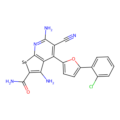 3,6-diamino-4-[5-(2-chlorophenyl)furan-2-yl]-5-cyanoselenopheno[2,3-b]pyridine-2-carboxamide structure