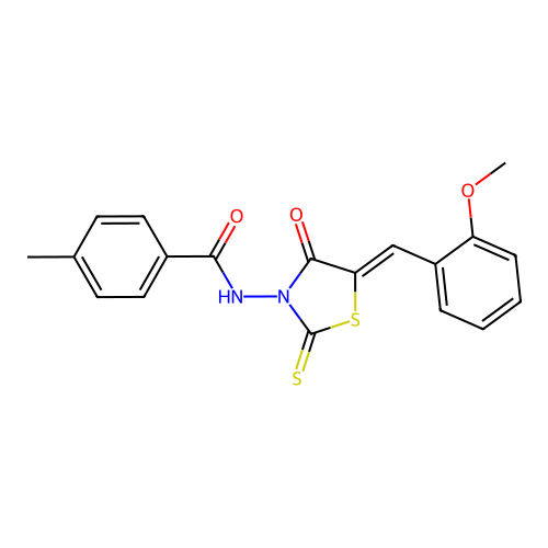 (Z)-N-(5-(2-methoxybenzylidene)-4-oxo-2-thioxothiazolidin-3-yl)-4-methylbenzamide structure