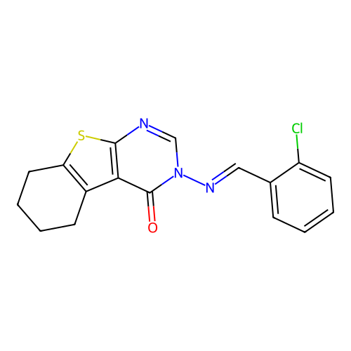 3-[(E)-(2-chlorophenyl)methylideneamino]-5,6,7,8-tetrahydro-[1]benzothiolo[2,3-d]pyrimidin-4-one structure