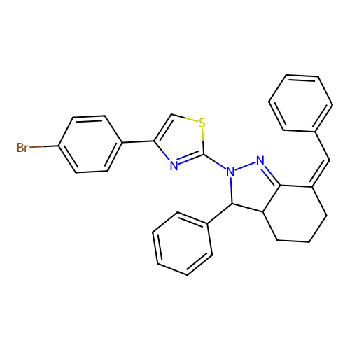 (Z)-2-(7-benzylidene-3-phenyl-3,3a,4,5,6,7-hexahydro-2H-indazol-2-yl)-4-(4-bromophenyl)thiazole structure