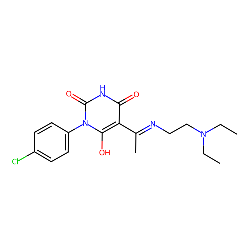1-(4-chlorophenyl)-5-[1-(2-diethylaminoethylamino)ethylidene]-1,3-diazinane-2,4,6-trione structure