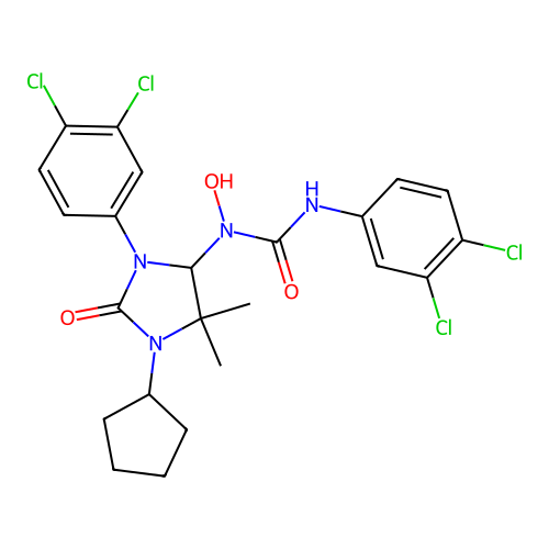 1-[1-cyclopentyl-3-(3,4-dichlorophenyl)-5,5-dimethyl-2-oxoimidazolidin-4-yl]-3-(3,4-dichlorophenyl)-1-hydroxyurea structure