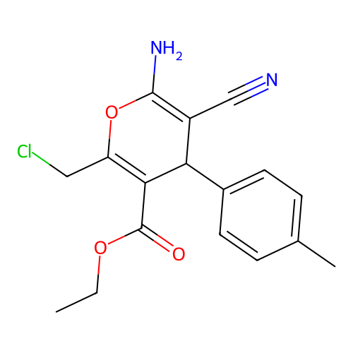 ethyl 6-amino-2-(chloromethyl)-5-cyano-4-(4-methylphenyl)-4H-pyran-3-carboxylate structure