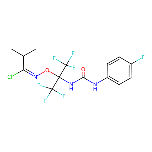 (1E)-N-[(1,1,1,3,3,3-hexafluoro-2-{[(4-fluorophenyl)carbamoyl]amino}propan-2-yl)oxy]-2-methylpropanimidoyl chloride structure