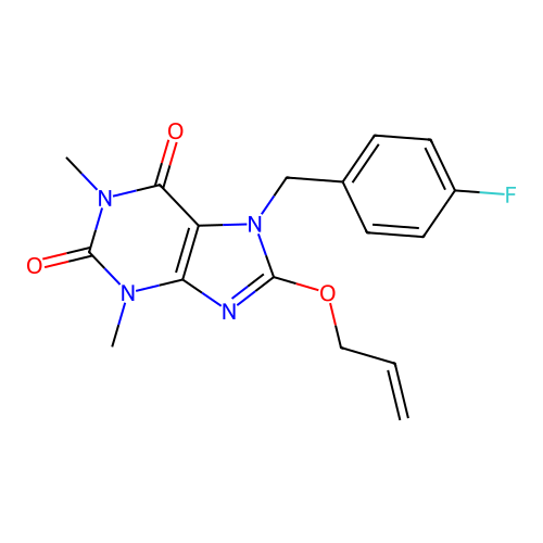 7-[(4-fluorophenyl)methyl]-1,3-dimethyl-8-prop-2-enoxypurine-2,6-dione structure