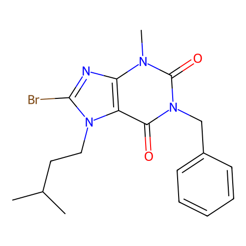 1-benzyl-8-bromo-7-isopentyl-3-methyl-3,7-dihydro-1H-purine-2,6-dione structure