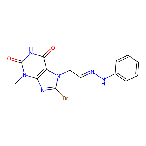 (E)-8-bromo-3-methyl-7-(2-(2-phenylhydrazono)ethyl)-1H-purine-2,6(3H,7H)-dione structure