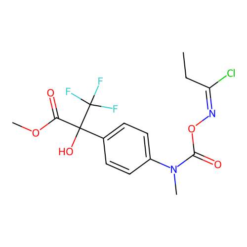 (E)-methyl 2-(4-(((((1-chloropropylidene)amino)oxy)carbonyl)(methyl)amino)phenyl)-3,3,3-trifluoro-2-hydroxypropanoate structure
