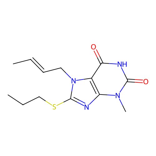 7-[(E)-but-2-enyl]-3-methyl-8-propylsulfanylpurine-2,6-dione structure