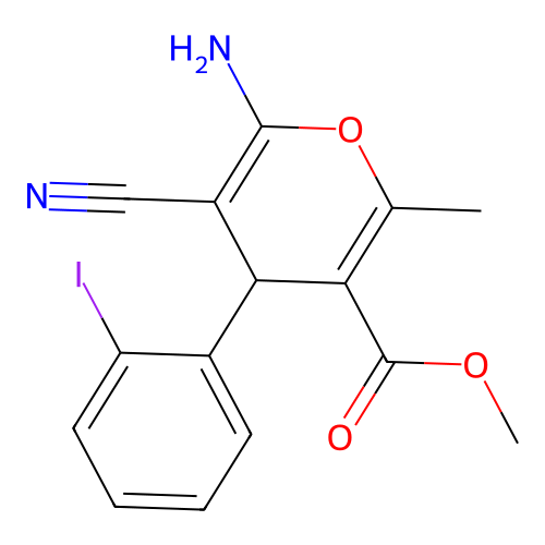 methyl 6-amino-5-cyano-4-(2-iodophenyl)-2-methyl-4H-pyran-3-carboxylate structure