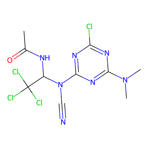 N-(2,2,2-trichloro-1-(N-(4-chloro-6-(dimethylamino)-1,3,5-triazin-2-yl)cyanamido)ethyl)acetamide structure