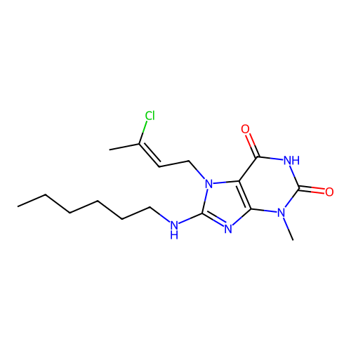 7-[(Z)-3-chlorobut-2-enyl]-8-(hexylamino)-3-methylpurine-2,6-dione structure
