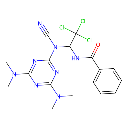 N-(1-(N-(4,6-bis(dimethylamino)-1,3,5-triazin-2-yl)cyanamido)-2,2,2-trichloroethyl)benzamide structure