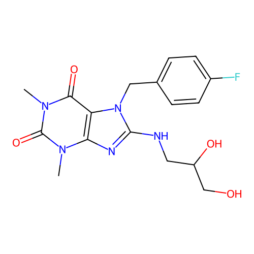 8-((2,3-dihydroxypropyl)amino)-7-(4-fluorobenzyl)-1,3-dimethyl-1H-purine-2,6(3H,7H)-dione structure