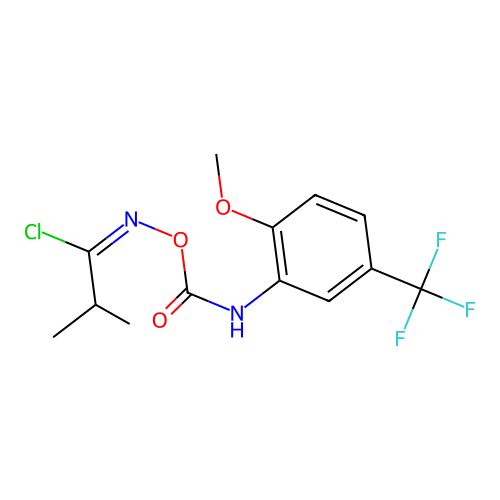 (1E)-N-({[2-methoxy-5-(trifluoromethyl)phenyl]carbamoyl}oxy)-2-methylpropanimidoyl chloride structure