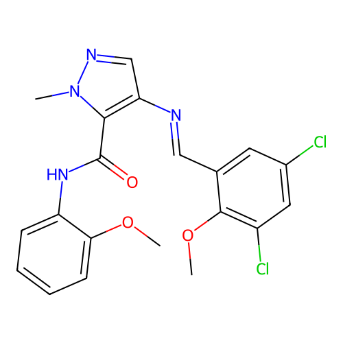 (E)-4-((3,5-dichloro-2-methoxybenzylidene)amino)-N-(2-methoxyphenyl)-1-methyl-1H-pyrazole-5-carboxamide structure