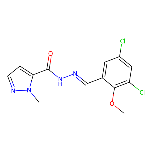 (E)-N'-(3,5-dichloro-2-methoxybenzylidene)-1-methyl-1H-pyrazole-5-carbohydrazide structure