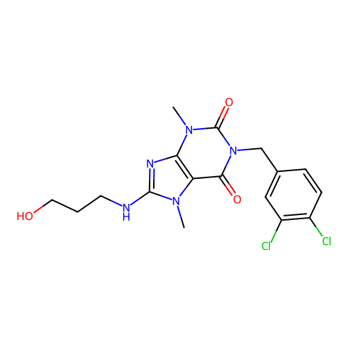 1-[(3,4-dichlorophenyl)methyl]-8-(3-hydroxypropylamino)-3,7-dimethylpurine-2,6-dione structure