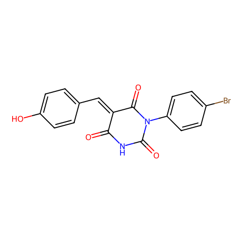 (E)-1-(4-bromophenyl)-5-(4-hydroxybenzylidene)pyrimidine-2,4,6(1H,3H,5H)-trione structure