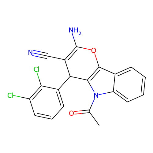 5-acetyl-2-amino-4-(2,3-dichlorophenyl)-4,5-dihydropyrano[3,2-b]indole-3-carbonitrile structure