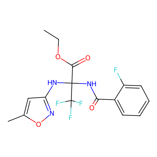 ethyl 3,3,3-trifluoro-2-(2-fluorobenzamido)-2-((5-methylisoxazol-3-yl)amino)propanoate structure