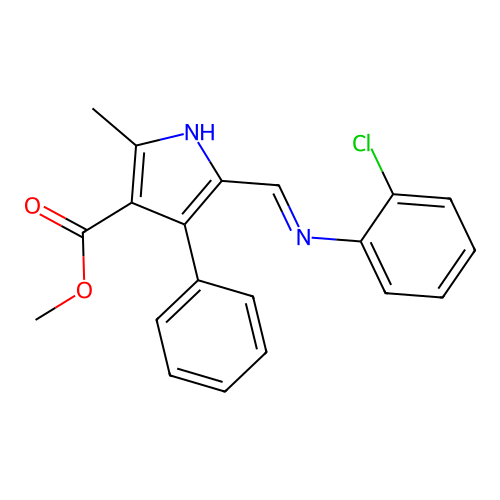 (E)-methyl 5-(((2-chlorophenyl)imino)methyl)-2-methyl-4-phenyl-1H-pyrrole-3-carboxylate structure