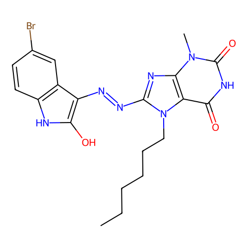 (E)-8-(2-(5-bromo-2-oxoindolin-3-ylidene)hydrazinyl)-7-hexyl-3-methyl-1H-purine-2,6(3H,7H)-dione structure