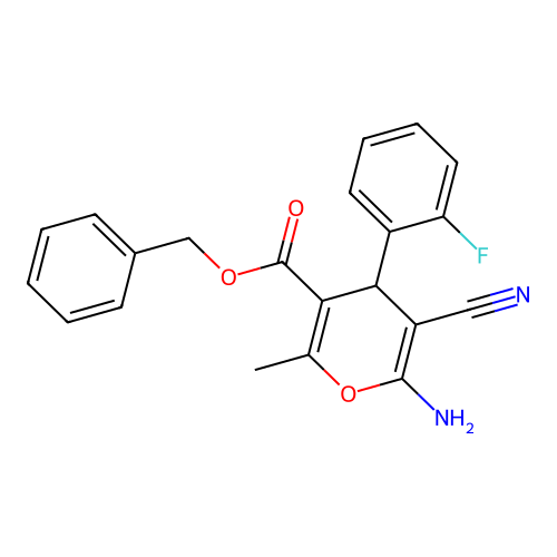benzyl 6-amino-5-cyano-4-(2-fluorophenyl)-2-methyl-4H-pyran-3-carboxylate structure