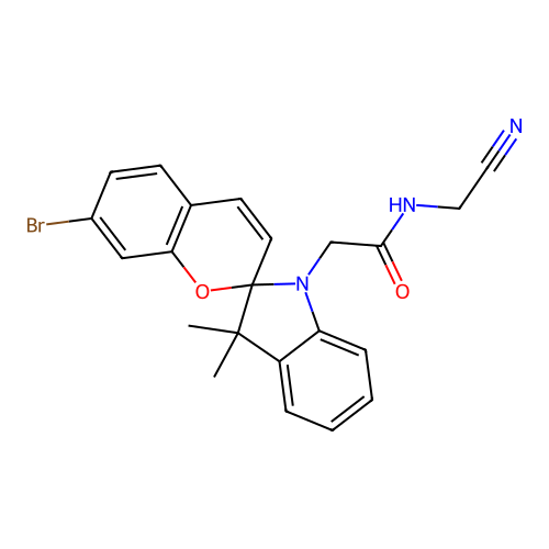 2-(7-bromo-3',3'-dimethyl-spiro[chromene-2,2'-indole]-1'-yl)-N-(cyanomethyl)acetamide structure