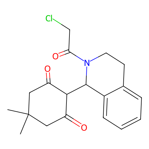 2-[2-(2-chloroacetyl)-3,4-dihydro-1H-isoquinolin-1-yl]-5,5-dimethylcyclohexane-1,3-dione structure