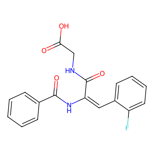N-{(2E)-3-(2-fluorophenyl)-2-[(phenylcarbonyl)amino]prop-2-enoyl}glycine structure