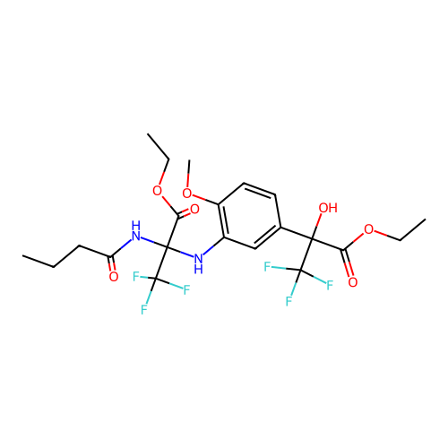 ethyl 2-(butanoylamino)-N-[5-(3-ethoxy-1,1,1-trifluoro-2-hydroxy-3-oxopropan-2-yl)-2-methoxyphenyl]-3,3,3-trifluoroalaninate structure