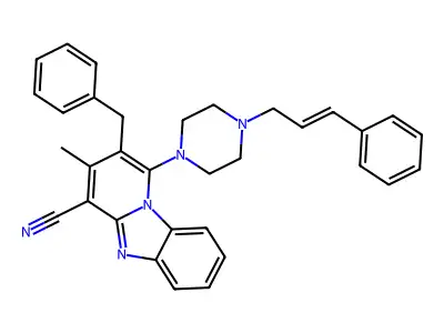 2-benzyl-3-methyl-1-[4-[(E)-3-phenylprop-2-enyl]piperazin-1-yl]pyrido[1,2-a]benzimidazole-4-carbonitrile structure