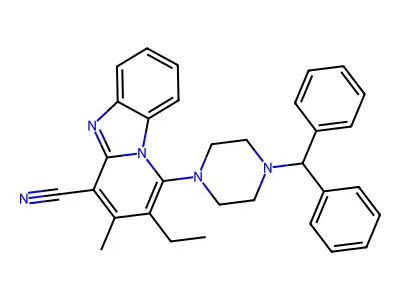 1-[4-(diphenylmethyl)piperazin-1-yl]-2-ethyl-3-methylpyrido[1,2-a]benzimidazole-4-carbonitrile structure