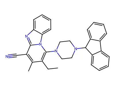 2-ethyl-1-[4-(9H-fluoren-9-yl)piperazin-1-yl]-3-methylpyrido[1,2-a]benzimidazole-4-carbonitrile structure
