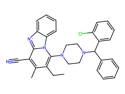 1-[4-[(2-chlorophenyl)-phenylmethyl]piperazin-1-yl]-2-ethyl-3-methylpyrido[1,2-a]benzimidazole-4-carbonitrile structure