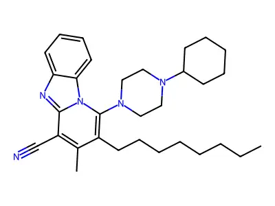 1-(4-cyclohexylpiperazin-1-yl)-3-methyl-2-octylpyrido[1,2-a]benzimidazole-4-carbonitrile structure