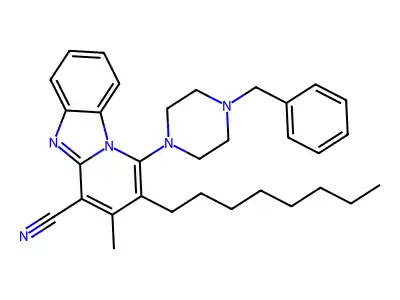 1-(4-benzylpiperazin-1-yl)-3-methyl-2-octylpyrido[1,2-a]benzimidazole-4-carbonitrile structure