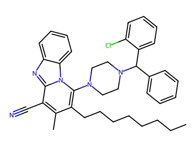 1-(4-((2-chlorophenyl)(phenyl)methyl)piperazin-1-yl)-3-methyl-2-octylbenzo[4,5]imidazo[1,2-a]pyridine-4-carbonitrile structure